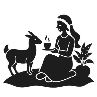 Büyüleyici siyah-beyaz bir siluet çizimi, zarif bir bitki örtüsünün zeminine kurulmuş bir geyiğe kahve ikram eden bir kadını resmediyor. Bu minimal grafik tasarım bir sakinlik ve dinginlik hissi uyandırıyor. Doğa temalı projeler için ideal. 