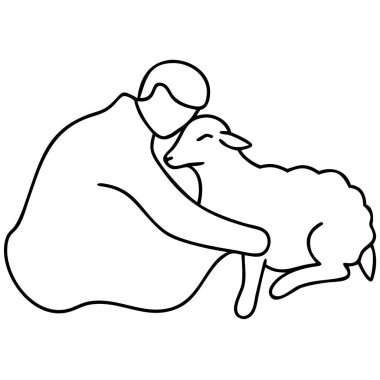 Basit, sevecen, siyah-beyaz bir sanat çizgisi, yumuşak bir koyuna şefkatle sarılan bir adamı tasvir ediyor. Bu minimalist vektör grafiği sevgi, ilgi ve arkadaşlığı çağrıştırıyor. İnanç temalarını iletmek için mükemmel, pastoral hayat, ve nazik