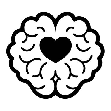 Siyah ve beyaz bir vektör illüstrasyonu, derin empati ve sevgiyi sembolize eden, kalple iç içe geçmiş bir beyin tasvir eder. Bu çarpıcı grafik zihinsel sağlık, merhamet ve refah kavramlarını aktarıyor. Psikoloji ve iyileştirmeye odaklı projeler için ideal