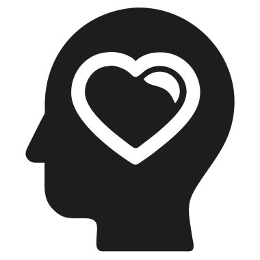 Çarpıcı bir siluet, sevgi ve sevgiyi temsil eden bir kalp sembolü ile bir insan kafasını tasvir eder. Bu grafik tasarım ruhsal sağlığı, refahı ve olumlu duyguyu iletir. Farkındalık, ilişkiler, psikoloji ve romantizm kavramları için ideal.