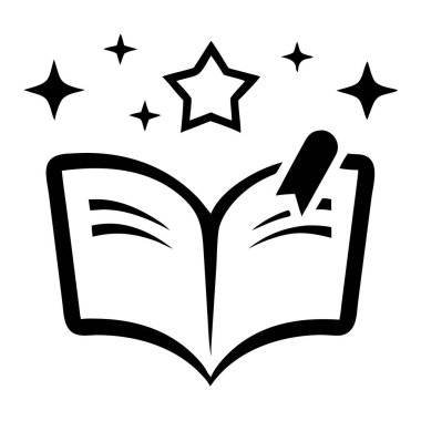 Yıldızlar ve kalemle süslenmiş açık bir kitap sembolü bilgi, eğitim ve ilhamı temsil eder. Bu minimalist vektör illüstrasyonu eğitim logoları, öğrenme platformları veya yaratıcı tasarım projeleri için idealdir. Grafik güzel aktarıyor. 