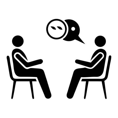 Bir siyah-beyaz vektör çizimi odaklanmış bir sohbete giren iki silueti tasvir eder. Bu diyalog iletişimi ve fikir alışverişini sembolize eder. İş toplantılarını, takım çalışmasını, terapiyi ya da kavramları temsil etmek için mükemmel.