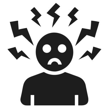 Açık, siyah ve beyaz bir çizim, stres ve endişeyi sembolize eden, yıldırımlı üzgün bir yüzü tasvir eder. Bu vektör grafiği, depresyon, üzüntü ve duygusal sıkıntıyı etkili bir şekilde iletir. Ruh sağlığı kaynakları ve eğitim materyali için ideal