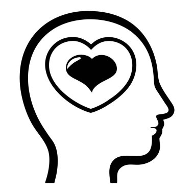Çarpıcı siyah beyaz bir insan kafası, kalp şeklinde, sevgi ve sevgiyi somutlaştıran. Bu grafik duygusal bağlantıyı, empatiyi ve nezaketi simgeliyor. Bu vektör, ruh sağlığı, psikoloji veya refah projeleri için idealdir. 