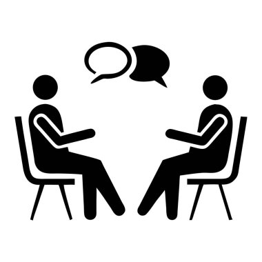 Bu vektör çizimi konuşma baloncuklarıyla sembolize edilmiş, iletişim ve tartışma gibi kavramları görselleştirmek için mükemmel iki kişiyi tasvir ediyor. Bu grafik iş toplantılarını, beyin fırtınası oturumlarını veya 