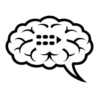 Güçlü bir siyah-beyaz çizimi zihinsel işlemleri ve bilişsel işlevleri sembolize eder. Bu grafik düşünce, fikir ve iletişimi temsil eden konuşma baloncukları ve oklarla beyin görüntülerini içeriyor. Web tasarımı, UX / UI projeleri için ideal 