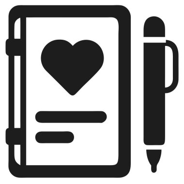 Siyah, minimalist bir ikon, aşk ve yazıyı temsil eden bir kalp sembolü ve kalemi olan bir defter tasvir eder. Bu vektör grafiği romantizm, Sevgililer Günü veya planlama ile ilgili tasarım projeleri için mükemmeldir. Bu basit, modern illüstrasyonu kullan