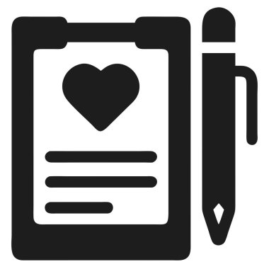 Siyah-beyaz bir tıbbi kalp kayıt ikonu, sağlık hizmetleri belgelerini sembolize eden bir kaleme sahiptir. Bu vektör çizimi sağlık ve teşhisi temsil ediyor. Kardiyoloji, hasta tedavisi veya klinik randevu programı sunumları için kullanışlıdır