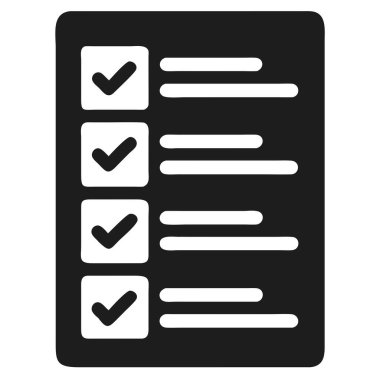 Düz, siyah ve beyaz vektör illüstrasyonu, onay verilen görevleri kontrol işaretleriyle gösteren bir kontrol listesi simgesi tasvir eder. Bu grafik görev tamamlamayı, başarıyı ve proje yönetimini temsil ediyor. Hedefler, iş ilerlemesi ve doğrulama için ideal