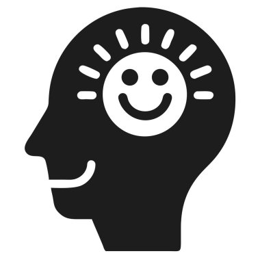 Bu çarpıcı vektör illüstrasyonuyla pozitif düşünmeyi gözünde canlandır. Mutluluğu, iyimserliği ve iç huzuru simgeleyen, bir kafa siluetinin içinden gülümseyen bir yüz ve güneş ışınları fışkırıyor. Bu grafik zihinsel sağlık kaynakları için idealdir.