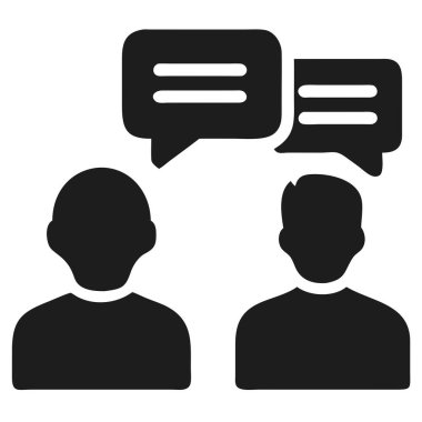 Konuşma baloncukları aracılığıyla konuşan iki siluetli insan arasındaki iletişim ve diyaloğu tasvir eden bir resim. Bu vektör grafiği tartışmanın, sohbetin ve fikirlerin paylaşılmasının özünü temsil eder. İş ilişkilerini ve takım çalışmasını resmetmek için ideal, 