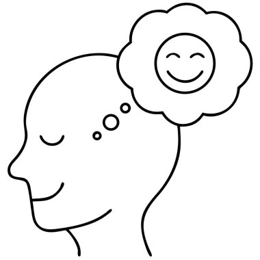 Minimalist bir siyah-beyaz vektör çizimi mutlu düşünce kavramını iletir. Bu illüstrasyon, gülümseyen bir kafanın üzerinde bir düşünce baloncuğu barındıran pozitif düşünce ve zihinsel refahı tasvir eder. Mutluluğa odaklanan projeler için ideal, psy