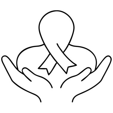 Kavramsal bir sanat çizgisi illüstrasyonunda iki el nazikçe bir kurdele tutar, desteği, farkındalığı ve özeni sembolize eder. Bu minimalist siyah beyaz grafik sağlık, hayır ve toplum girişimlerini temsil etmek için mükemmel. Ücreti çağrıştırıyor.