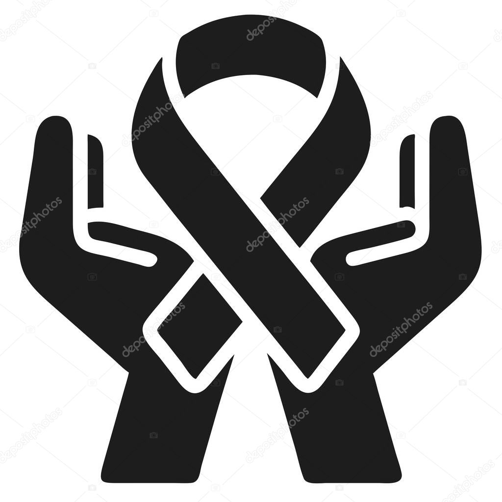 Supportive hands gently hold a black awareness ribbon, a powerful symbol of hope, solidarity, and support. This impactful graphic design represents healthcare, charity, and advocacy efforts. Use this illustration for cancer, HIV/AIDS, or other health