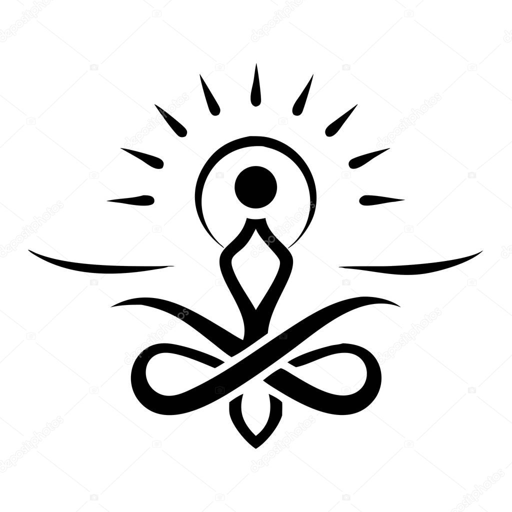 This elegant abstract black and white yoga illustration embodies peace and enlightenment. It features a minimalist silhouette in a lotus position, perfect for representing meditation, mindfulness, and spiritual awakening. Ideal for use in yoga studio