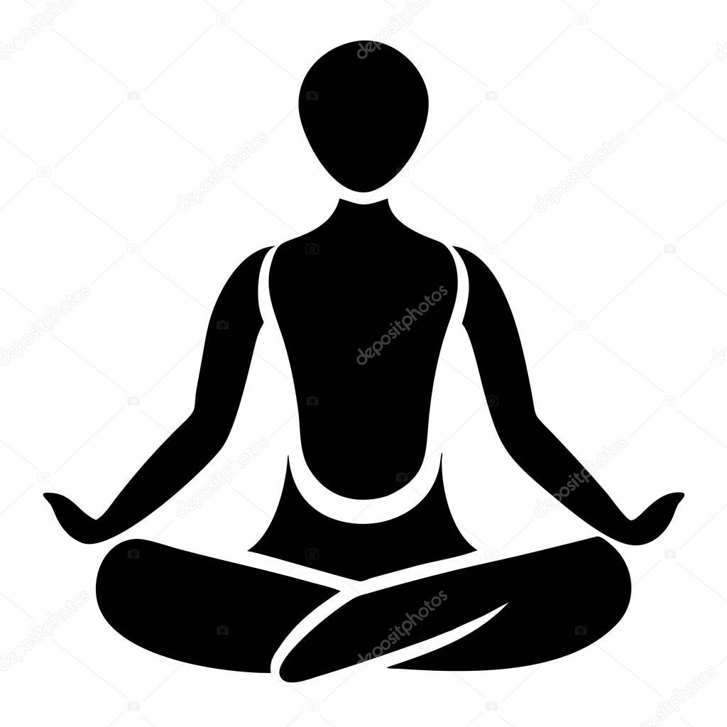 A simple black and white vector illustration depicts a person in the lotus position, ideal for promoting meditation and yoga. This minimalist graphic embodies zen and calm, perfect for wellness and mental health resources. Use this symbol of peace an