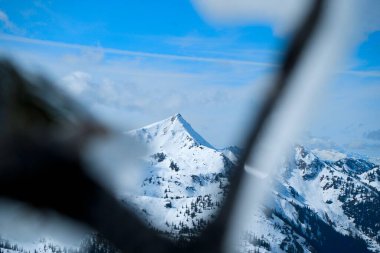 A distant snow-covered mountain peak under a blue sky, partially obscured by tree branches in the foreground. The scene captures the beauty of nature in winter. clipart