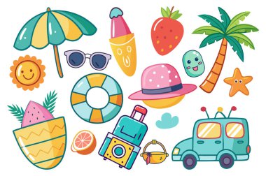 Summer Icon Set, yaz temalı web siteleri ve mobil uygulamalar için uygun bir çizgi simgesi koleksiyonudur; seyahat, sahil, turizm ve dinlenme gibi popüler yaz tatilleri unsurları mevcuttur..