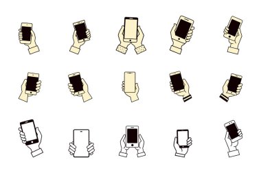Elle Tutulan Akıllı Telefon Simgesi Seti: Modern ve Retro Tasarımlar için Çok Yönlü Vektör Resimleri