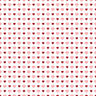 Tekrarlanan şebeke arka planında dizilmiş pembe ve kırmızı kalplerden oluşan kusursuz bir desen..