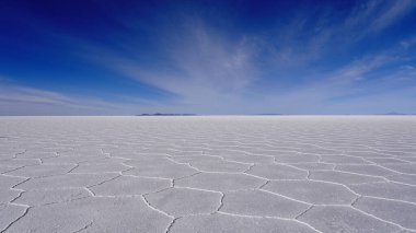Kurak mevsimde Salar de Uyuni altıgenleri