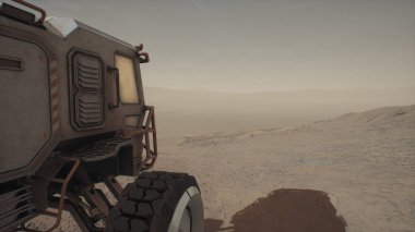 Mars gezegenindeki kaynakların toplayıcısı. Diğer dünyaların fethi. Gezgin, Mars 'ın ıssız vadisinden geçiyor. 3d illüstrasyon