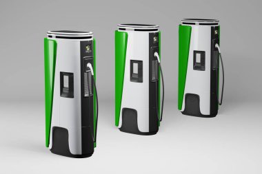 Elektrikli şarj istasyonu, elektrikli arabalar için şarj noktası. Elektrik santrali, yeşil çevre dostu enerji, EV araba için ulaşım altyapısı. 3d hazırlayıcı