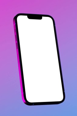 Parlak beyaz ekranlı, neon ışıklı akıllı telefon, yakın çekim görüntüsü, kopyalama alanı. 3d hazırlayıcı