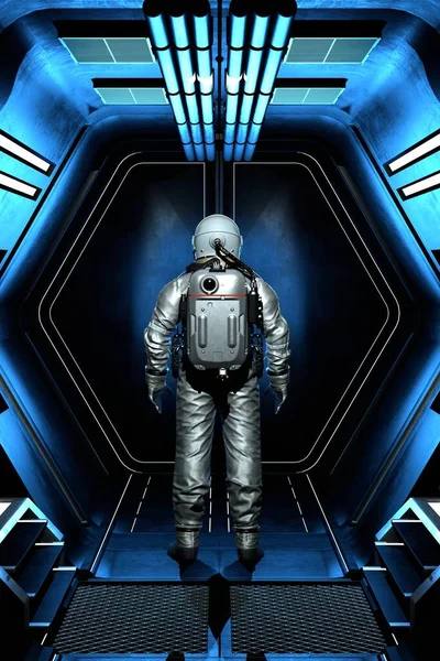 宇宙飛行士の宇宙飛行士は 廊下に沿って宇宙に行きます 宇宙探査 遠くの星や銀河へのフライト 宇宙服の男は宇宙ステーションのトンネルに立っている 3Dレンダリング — ストック写真