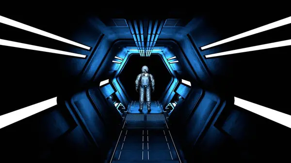 宇宙飛行士の宇宙飛行士は 廊下に沿って宇宙に行きます 宇宙探査 遠くの星や銀河へのフライト 宇宙服の男は宇宙ステーションのトンネルに立っている 3Dレンダリング — ストック写真