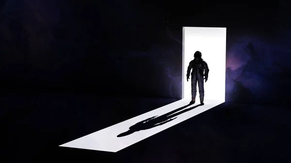Cosmonaute Astronaute Tient Porte Lumière Dans Obscurité Espace Silhouette Homme — Photo