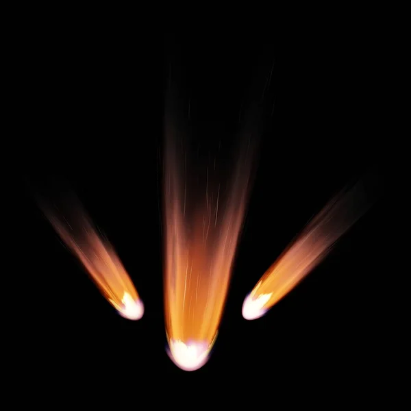 从太空坠落的彗星 炽热的尾巴坠落的陨石 小行星彗星以黑色背景进入地球大气层 3D渲染 — 图库照片