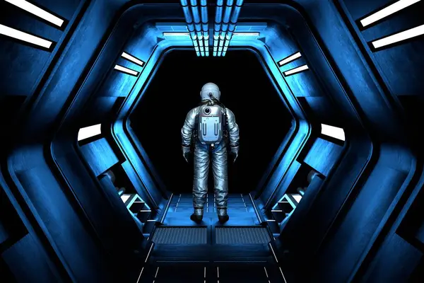 우주비행사 우주비행사는 복도를 우주로 들어갑니다 은하로 우주복을 남자는 정거장의 터널에 — 스톡 사진