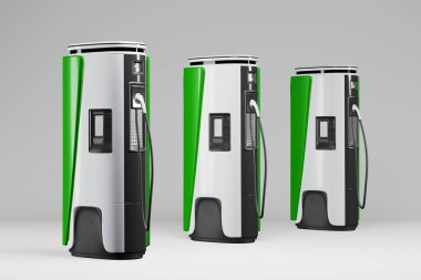 Elektrikli şarj istasyonu, elektrikli arabalar için şarj noktası. Elektrik santrali, yeşil çevre dostu enerji, EV araba için ulaşım altyapısı. 3d hazırlayıcı