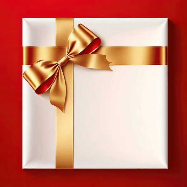 Cartão Presente Branco Com Fita Dourada Brilhante Arco Fundo Vermelho — Fotografia de Stock