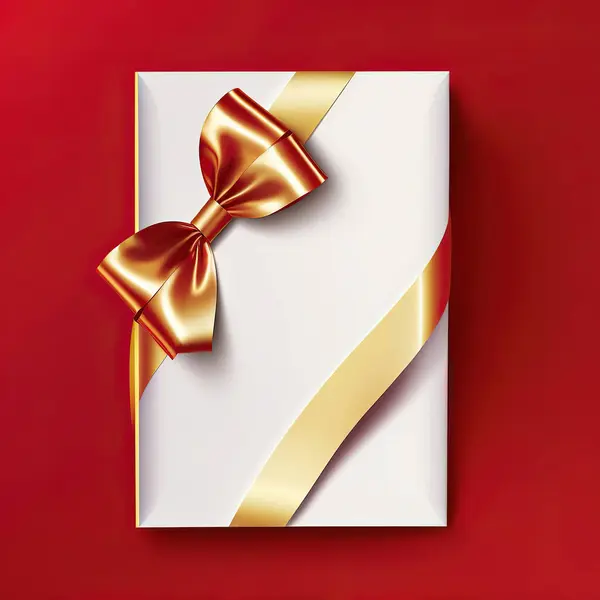 Cartão Presente Branco Com Fita Dourada Brilhante Arco Fundo Vermelho — Fotografia de Stock