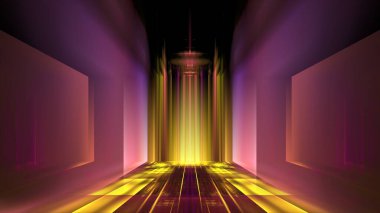 Parlak podyum duvarı, yansıma, neon cam, geometrik bulanık şekiller, fütürizm, parlak renk çizgileri. Güzellik ürünleri için vitrin. 3d hazırlayıcı