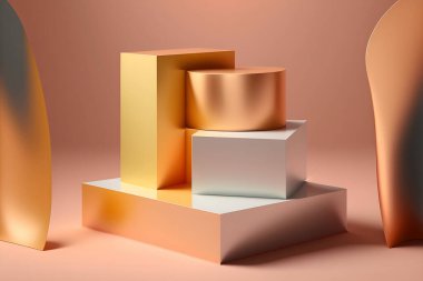 Metal renk podyumu, yansıma, geometrik şekiller, sanat deco, pastel renkler. Güzellik ürünleri için vitrin. 3d hazırlayıcı