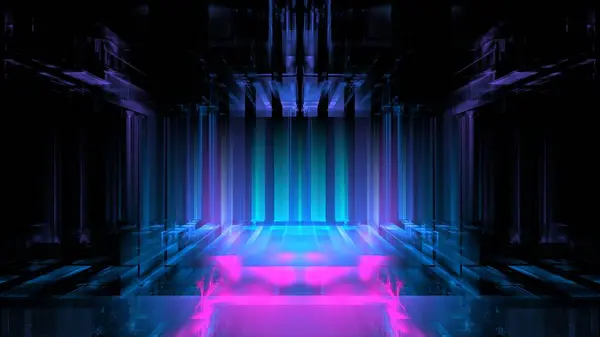 Leuchtende Podiumswand Reflexion Neonglas Geometrisch Verschwommene Formen Futurismus Helle Farbstreifen — Stockfoto