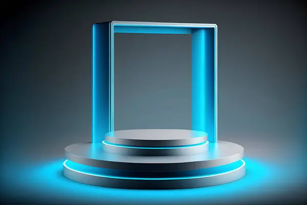 Metallic Chroom Blauw Podium Reflectie Neon Glas Geometrische Vormen Futurisme — Stockfoto