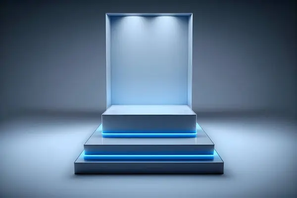Metallic Chroom Blauw Podium Reflectie Neon Glas Geometrische Vormen Futurisme — Stockfoto