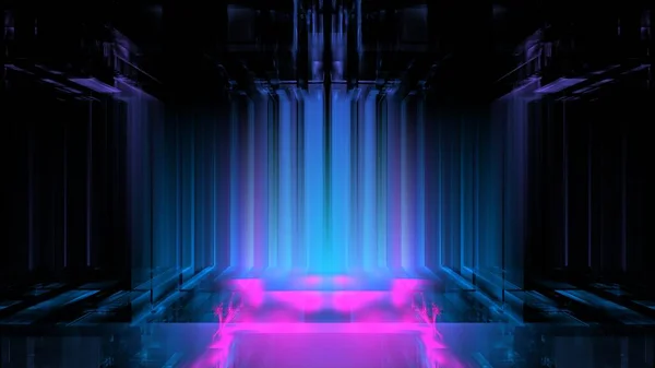Lichtgevende Podiumwand Reflectie Neonglas Geometrische Wazige Vormen Futurisme Felle Kleuren — Stockfoto