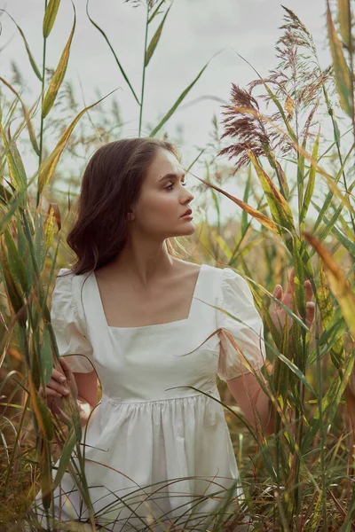 Beautiful Young Woman White Summer Dress Sitting Tall Grass Rural — Stock Photo, Image