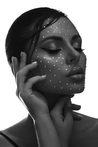 Beauty Face Woman Makeup Rhinestones Lips Contrasting Portrait Beautiful Woman — Stock Photo, Image