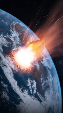 Dünya 'ya dev bir göktaşı düşmesi, büyük bir patlama. Mahşer, Dünya 'nın sonu. Dünya gezegeninin büyük bir asteroit tarafından yok edilmesi. 3d hazırlayıcı