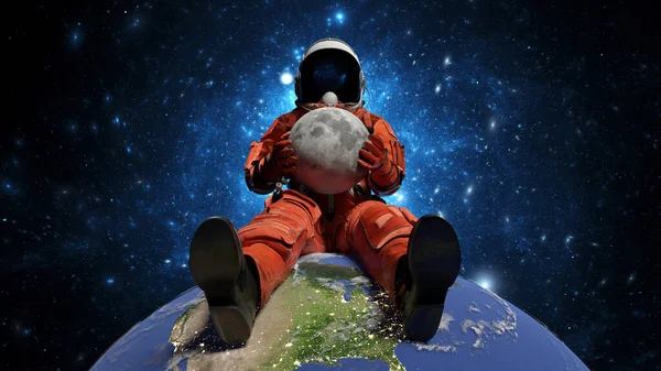Astronaute Est Assis Sur Planète Terre Tient Lune Dans Ses — Photo