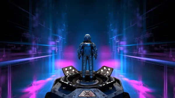 宇宙飛行士は 銀河パノラマの新しい世界 遠い宇宙へのファンタジーポータルの発見を宇宙飛行士 宇宙飛行士宇宙探査 別の宇宙への入り口 3Dレンダリング — ストック写真