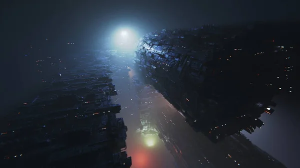 Cyberpunk Città Del Futuro Smog Edifici Cemento Metallo Luce Delle — Foto Stock