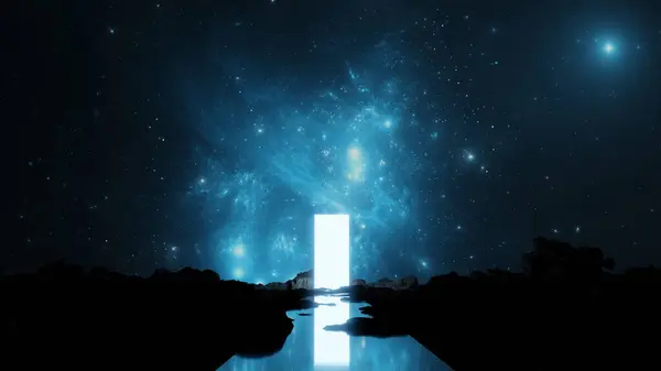 Portal Espacial Brillante Refleja Agua Puerta Otros Mundos Galaxias Entre — Foto de Stock