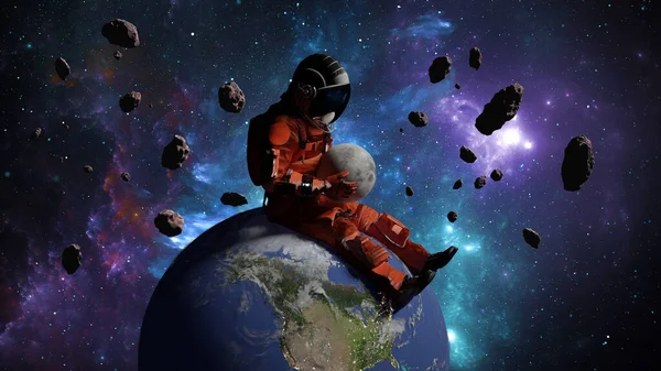 Astronaute Est Assis Sur Planète Terre Tient Lune Dans Ses — Photo